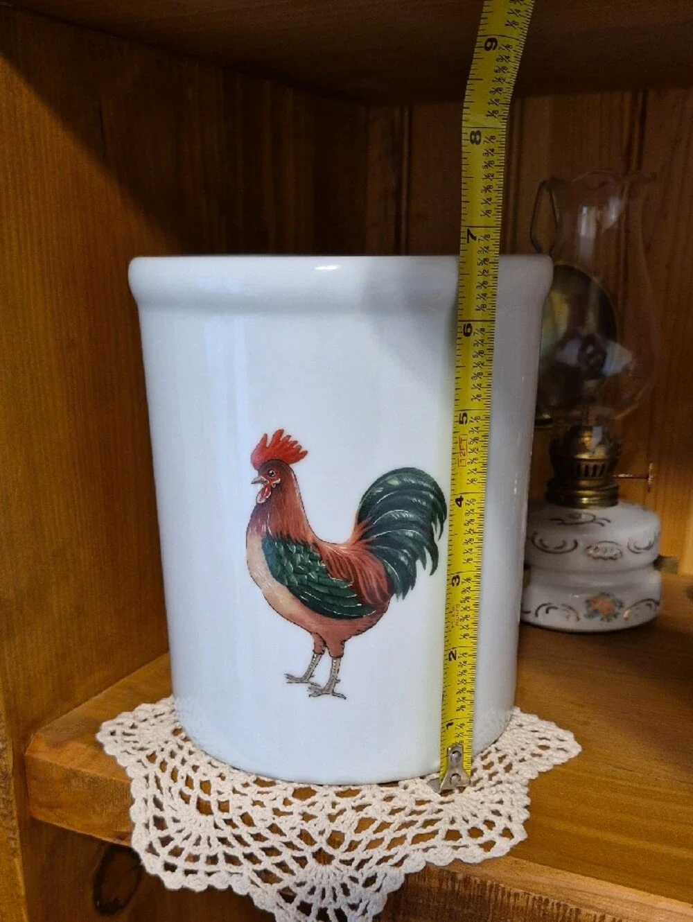 White Ceramic Crock with Rooster Motif